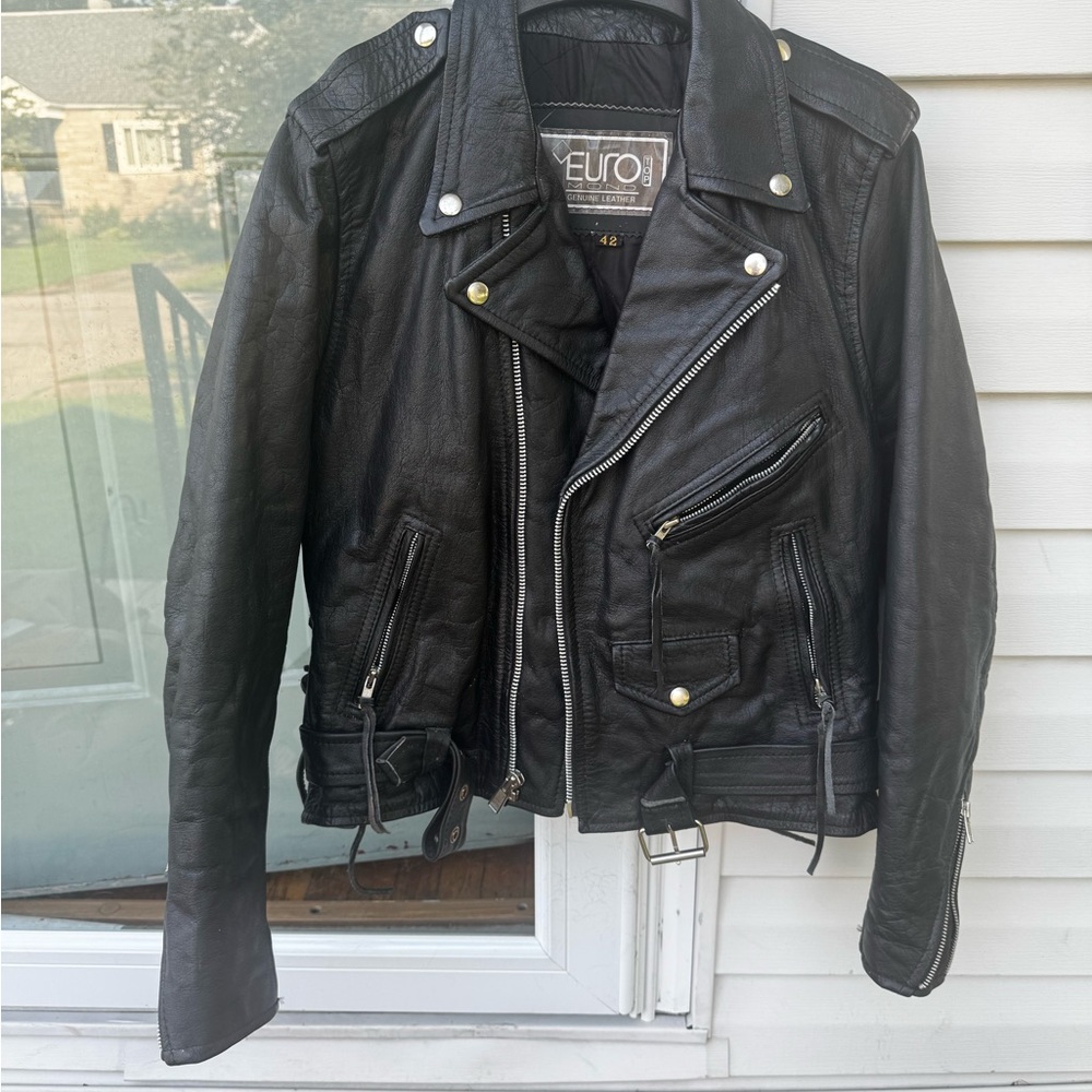 Vintage Euro Mond Black Genuine Leather Biker Jacket for Men, Size 42